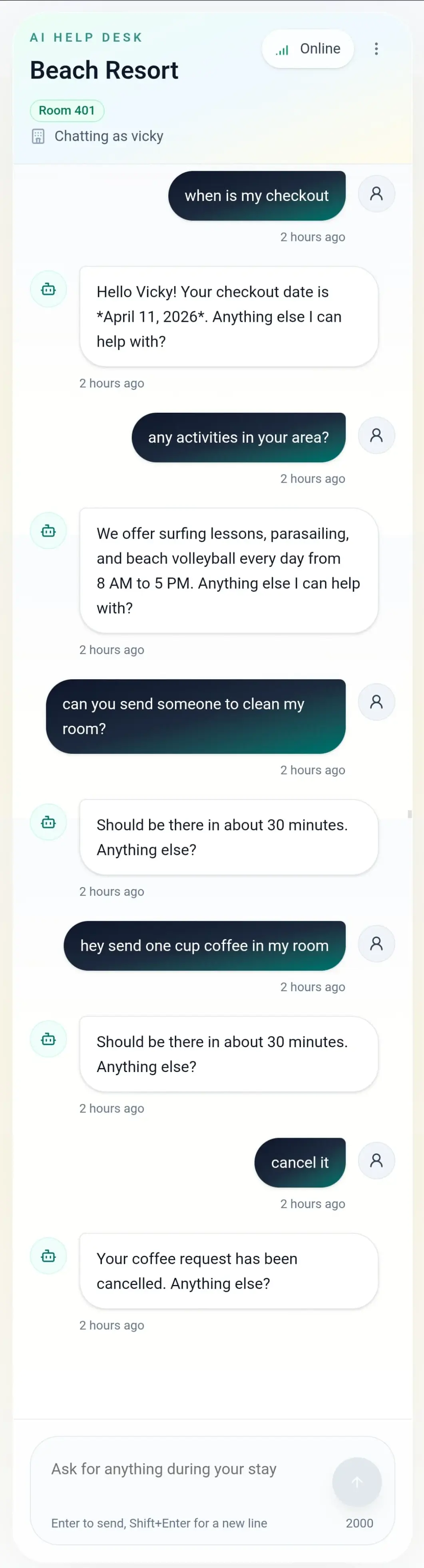 Guest sends a request via WhatsApp or web app